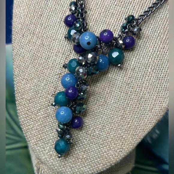 Kenneth Cole Green, Purple, & Gray Crystal Necklace w/ Gunmetal Gray Chain - Picture 2 of 4